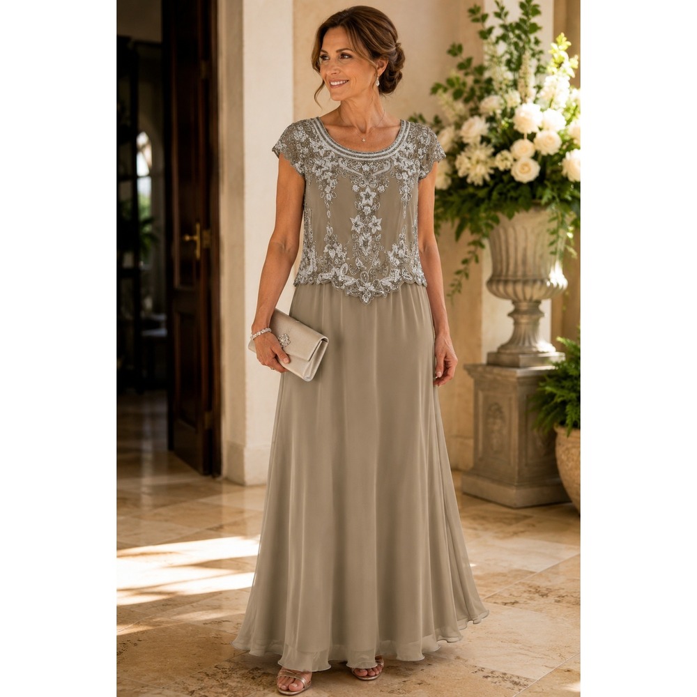 JKara Gown Womens 12 Tan Beaded Sequin Cap Sleeve‎ Scalloped Formal Maxi Dress